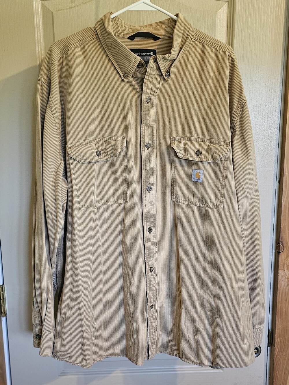 Carhartt Men’s Button Down Tan Striped Shirt Size 2XL Long Sleeve Logo Pockets
